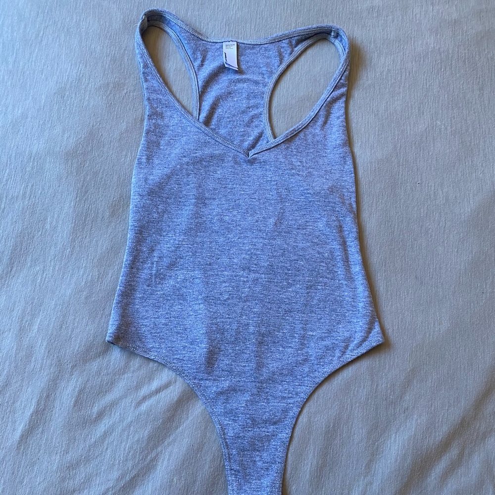 Gray v neck thong bodysuit